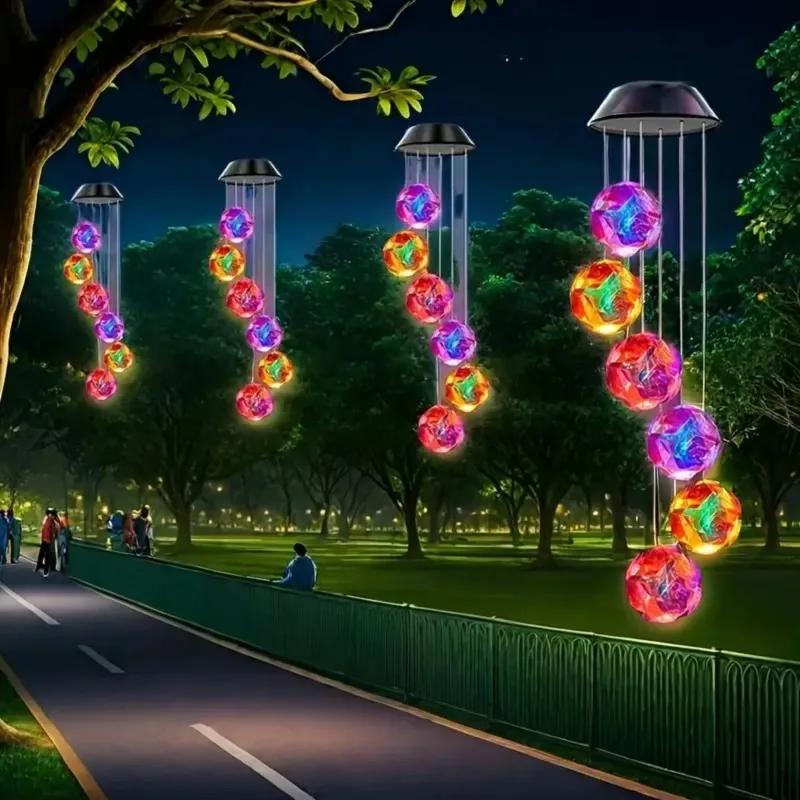 New Solar Powered Color Changing Pink Embroidered Ball Flower Wind Chime Light Waterproof Outdoor Night Light Hanging Solar Lamp