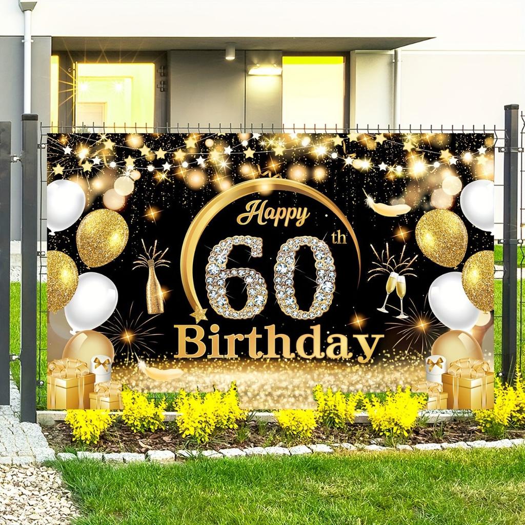 A black background cloth for a "Happy 60th Birthday" photography birthday party item