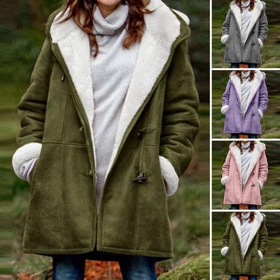 Women Fall Winter Coat Hooded Soft Plush Long Sleeve Thick Mid Length Windproof Cold Resistant Buttons Loose Pockets Lady Jacket