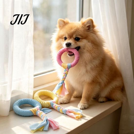 Interactive Tug Toys for Pets Dog Tug-of-War Toy, Rubber Ring with Braided Cloth Strips, Strips Toy Chew Small to Medium Dogs, Teeth Cleaning
