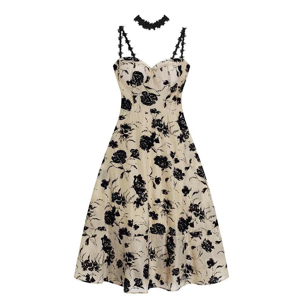 Real Summer Clothing New Hepburn Style Retro Niche Backless Printing Dress Female Sexy Suspender Skirt Trendy
