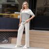 Color Block Knit Top & High-Waisted Wide-Leg Pants Two-Piece Set