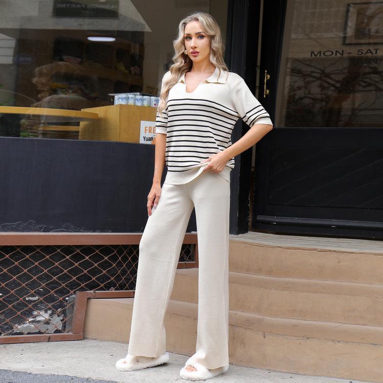 Color Block Knit Top & High-Waisted Wide-Leg Pants Two-Piece Set
