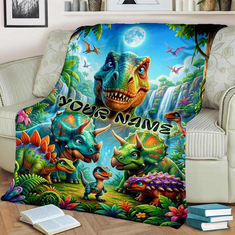 1PC Custom Name Dinosaur Adventure Jungle blanket versatile,all-season throw suitable for the living room,bedroom,camping,travel,and gift