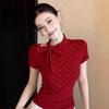 Sweet Wind Red Polka Dot Short Sleeve T-Shirt Women's Summer Front Shoulder Slim Skinny Bow Strap Hottie Tops