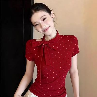 Sweet Wind Red Polka Dot Short Sleeve T-Shirt Women's Summer Front Shoulder Slim Skinny Bow Strap Hottie Tops