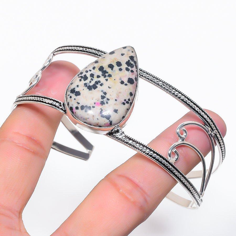 Natural Dalmation Jasper Gemstone 925 Sterling Silver Cuff Bangle Adj L0d66
