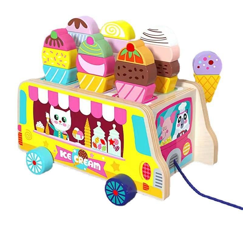 

Wooden children play house ice cream shape building block pairing torah animal shape cognitive bus toy