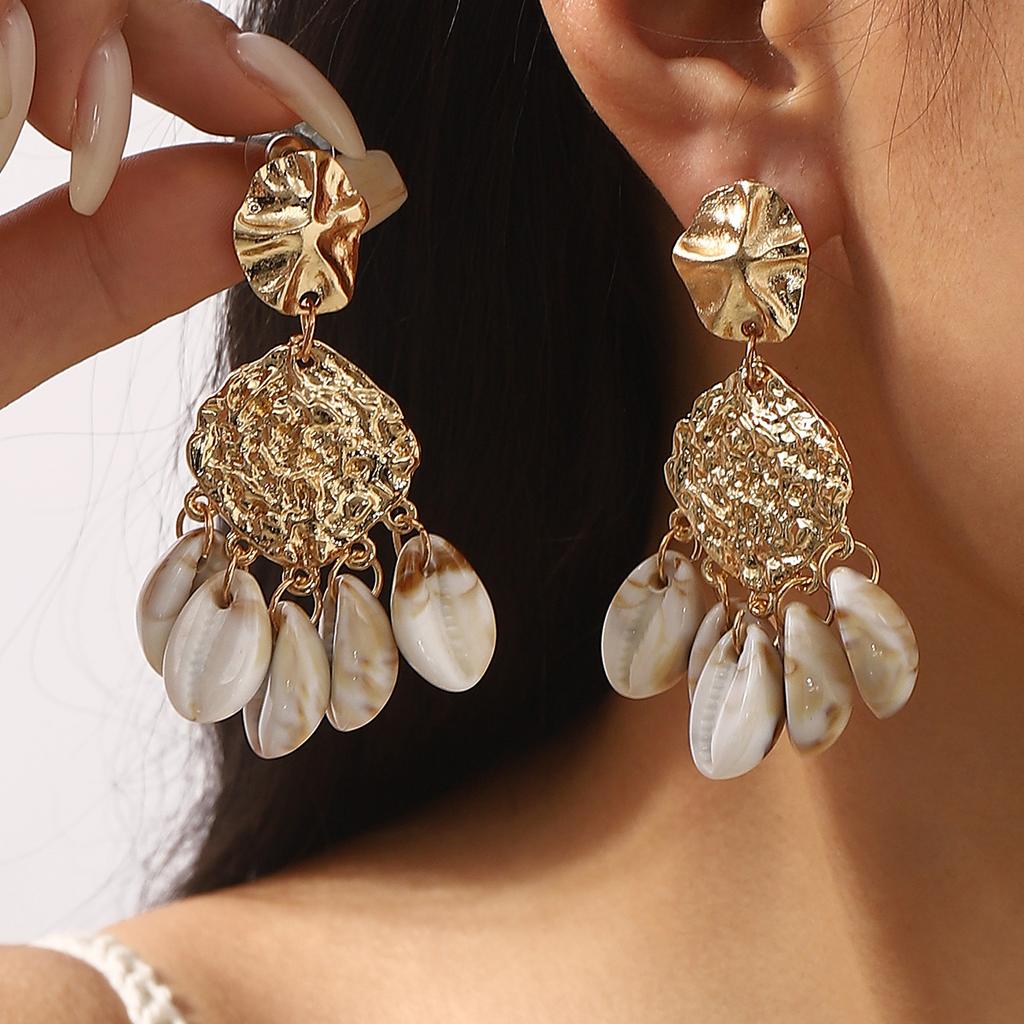 New Fashion Retro Alloy Pearl Shell Multi Layer Tassel Dangle Earrings European American Ins Style Ear Jewelry