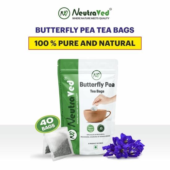 NeutraVed Schmetterlingsblütenblume - 40 Teebeutel | Schmetterlingsblütenblumentee | Blaue Erbse | Blauer Kräutertee | Wiederverwendbarer Zippbeutel - 40 Stück Packung mit 1