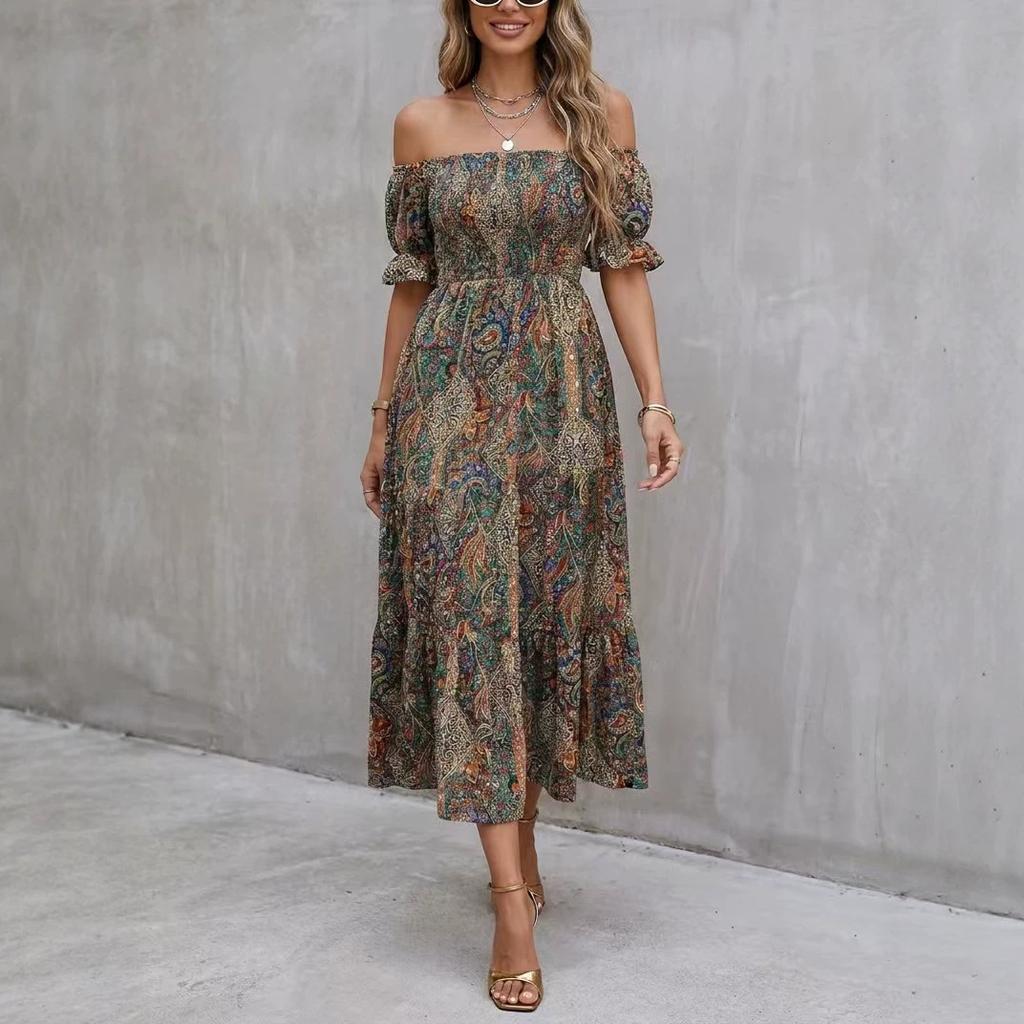 European and American Summer New Exotic Bohemian Vacation Style One-word Shoulder Princess Sleeve Dress