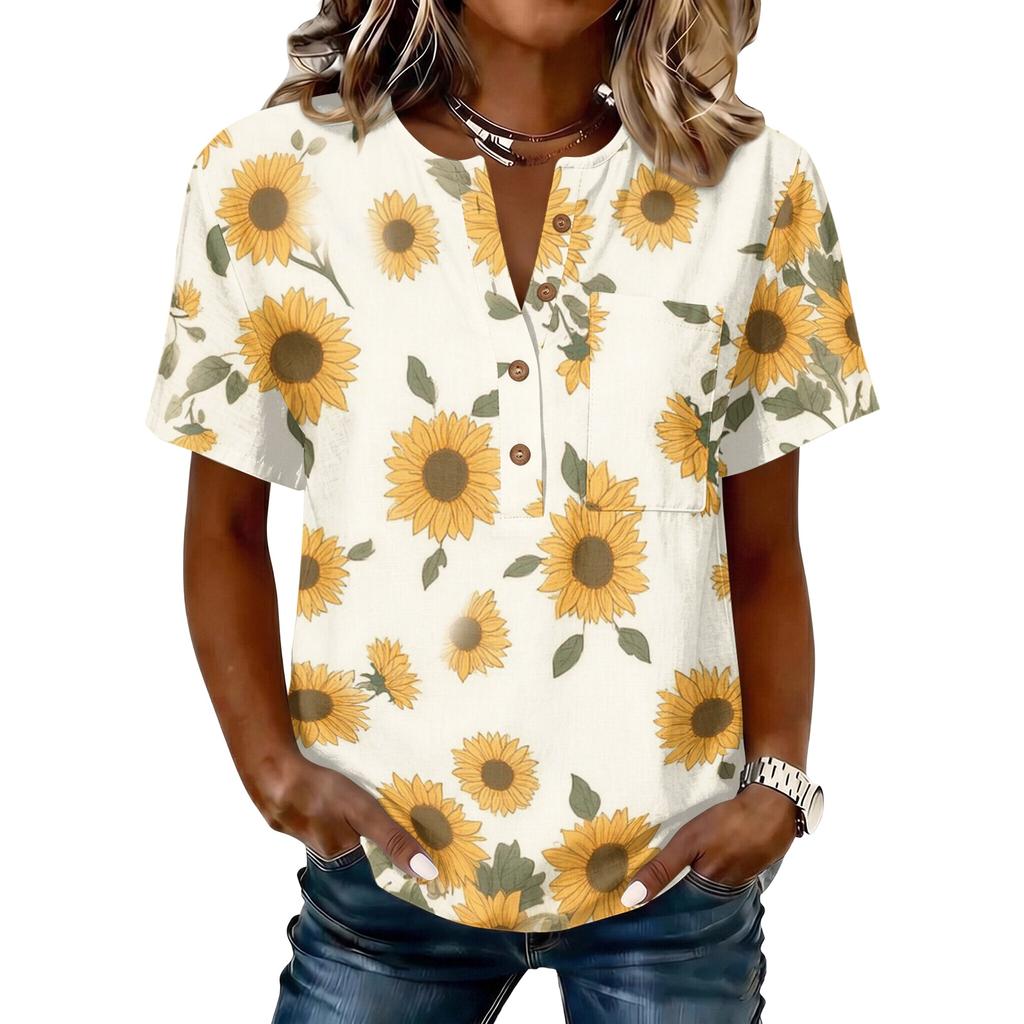Women’s Short Sleeve Cotton Linen Henley Shirt with Sunflower Print and Button Front Casual Loose Fit Top for Summer Spring
