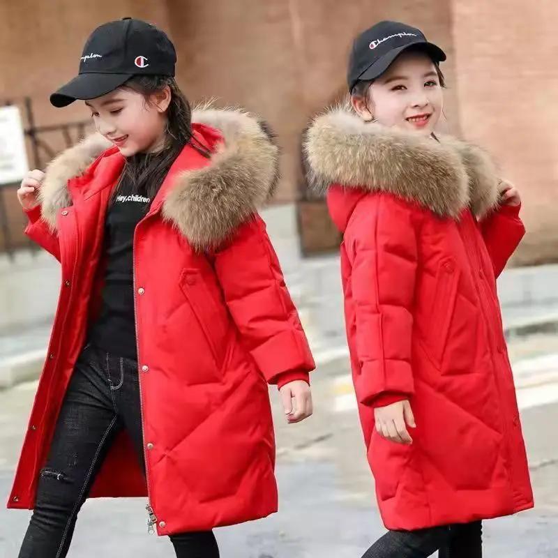 5-14 Years Teenagers Girls Winter Jacket Big Fur Collar Long Style Cold Proof Hooded Coat For Kids Thick Keep Warm Clothes