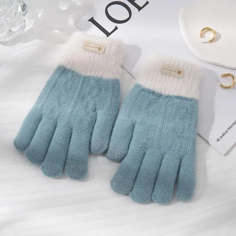 Womens Winter Warm Knitted Gloves Plush Knitted Autumn and Winter Warm Double Layer Thick Gloves Touch Screen Ski Gloves