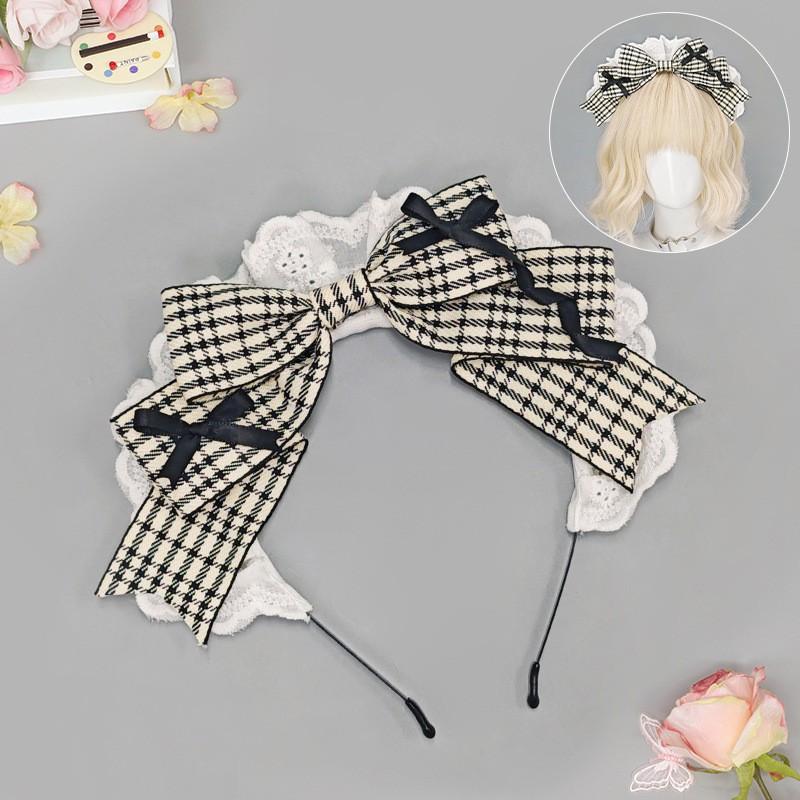 Handmade Lolita Maid Headband With Houndstooth Cosplay Anime Convention Womens Hair Accessory