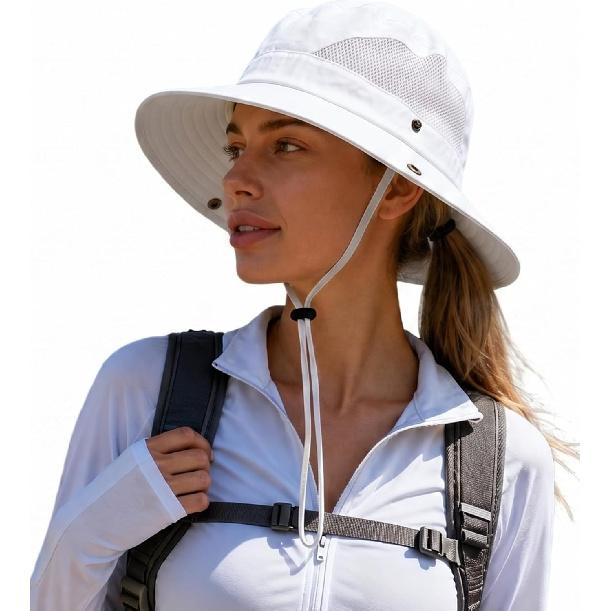 Women's Sun Hat Wide Brim Bucket Hat for Outdoor Breathable Mesh Ponytail Hole Adjustable Foldable UPF 50+ Windproof