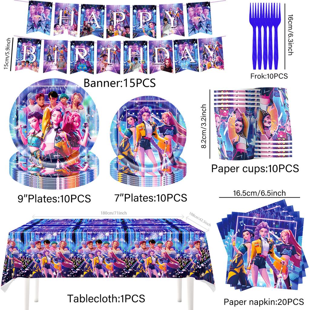 New Blue KPOP Demon Hunters Birthday Party Decorations Set, Disposable Paper Plates Napkins Knife Fork Spoon Tableware Kit