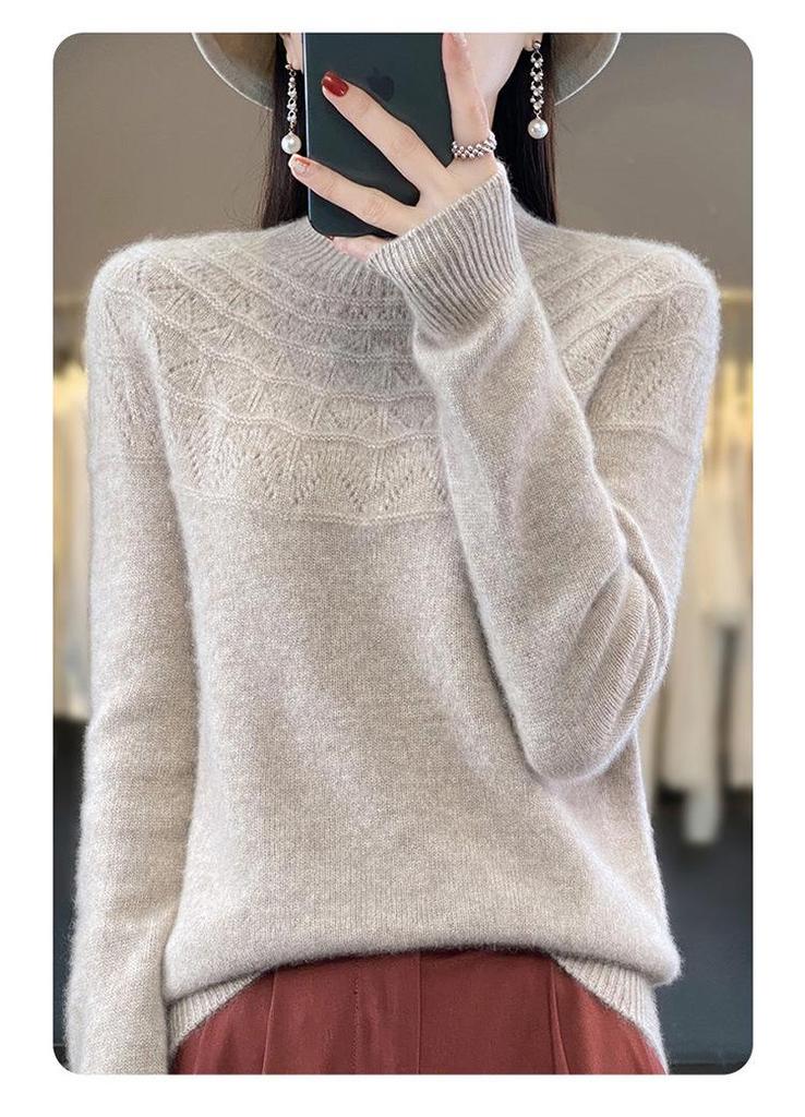 Autumn/Winter Women's Knitwear: Hollow Out Half-High Neck Long Sleeve Loose Slimming Pullover Sweater.