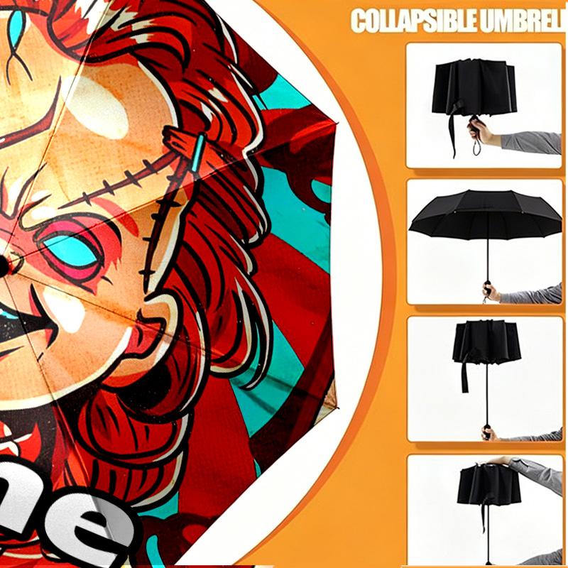 Custom Name Personalized Horror Movie Print Umbrella, Auto Open Close, 8‑Rib Sturdy Frame, Commute Camping Hiking Use, Birthday Gift