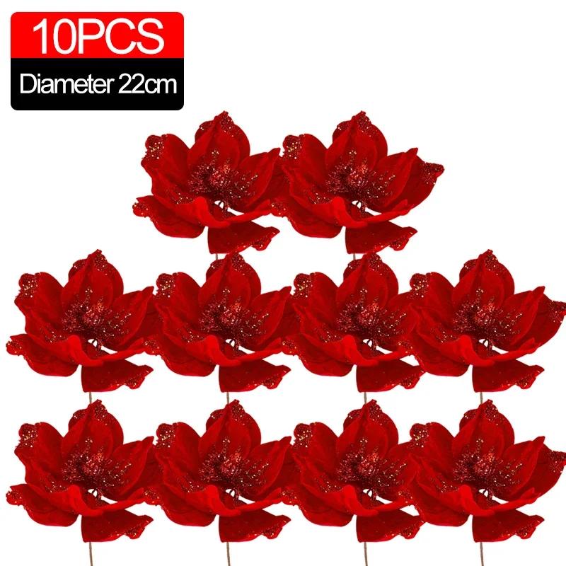 1/10pc Artificial Glitter Christmas Flowers Red Poinsettia Xmas Tree Hanging Ornament Glitter Magnolia Fake Flower Wedding Party