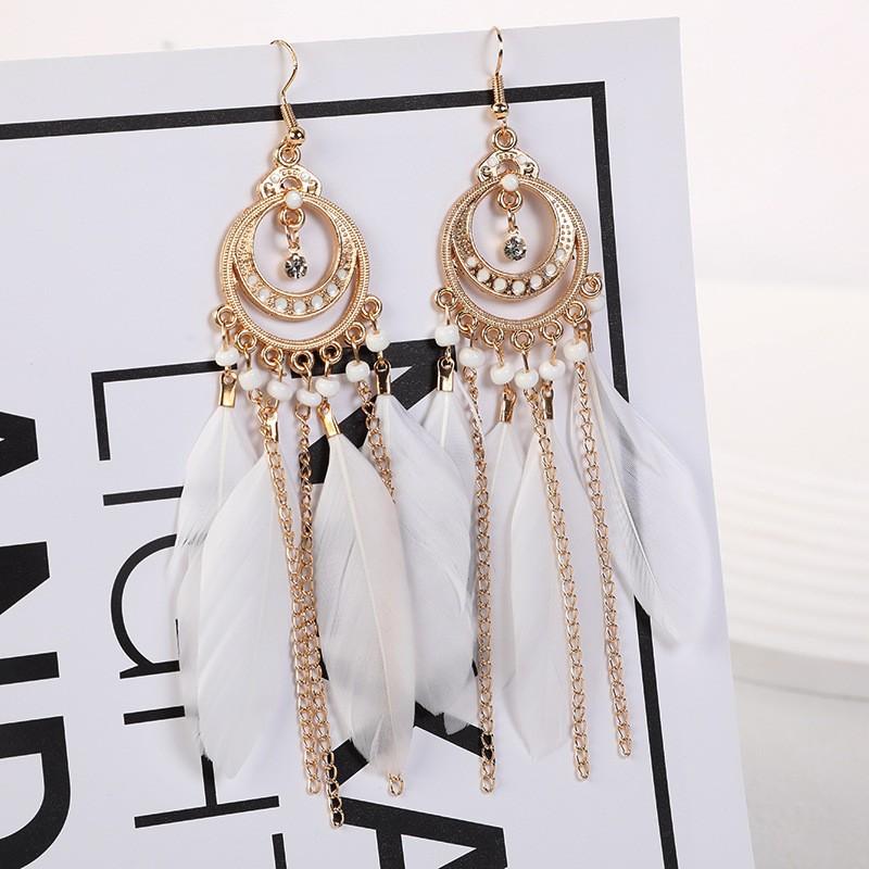 Vintage Bohemian Feather Tassel Earrings Exaggerated Ethnic Vacation Dangle Ear Jewelry Fashion Accessories For Women