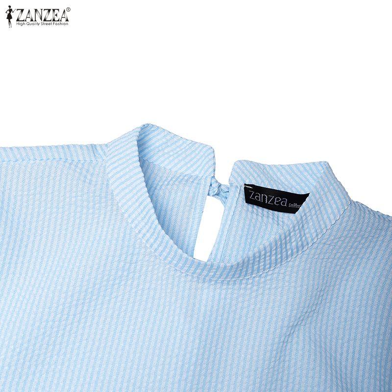 ZANZEA Women Casual Stand Collar Loose Half Sleeve Stripe Blouse