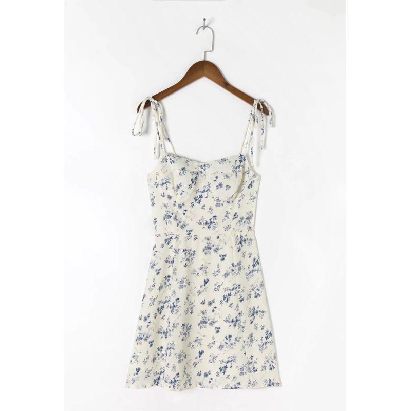 

Flowers Love Story Refor French style Girly Gentle Blue Floral Short dress Age-Reducing Sweet and Spicy Waist Hugging Sling Dress Blue Floral L