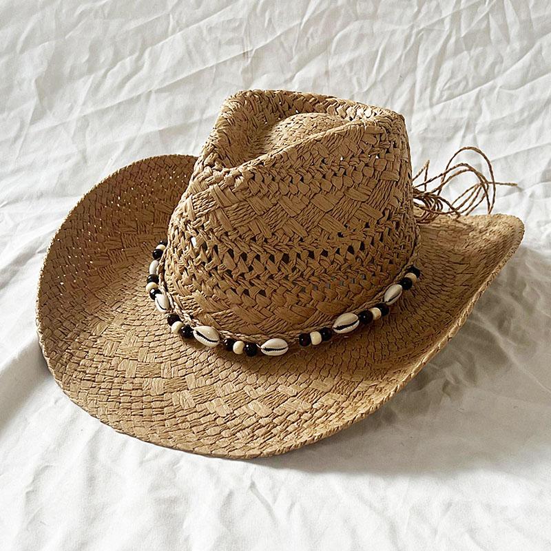 Sommer Strandurlaub Strohhut Vintage Handgefertigt Damen Herren Bohemian Ausgeschnitten Cowboyhüte Muschelperlen Sonnenhut Anglerhut
