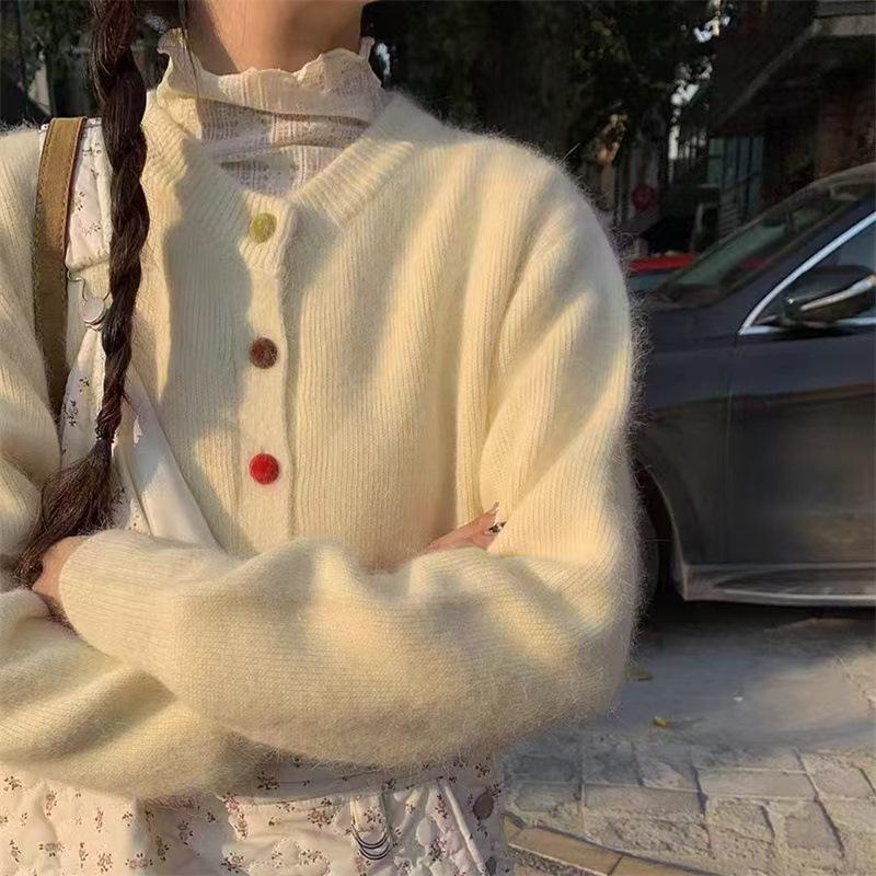 Women's Korean-Style Retro Colorful Button Knit Cardigan - Spring & Autumn, Milky Loose Design, Skin-Enhancing