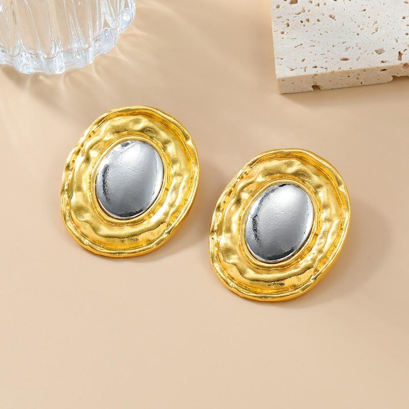 Summer Alloy Earrings European and American Exaggerated Earrings Women's Round Metal Feeling Gold and Silver Color Matching Earrings