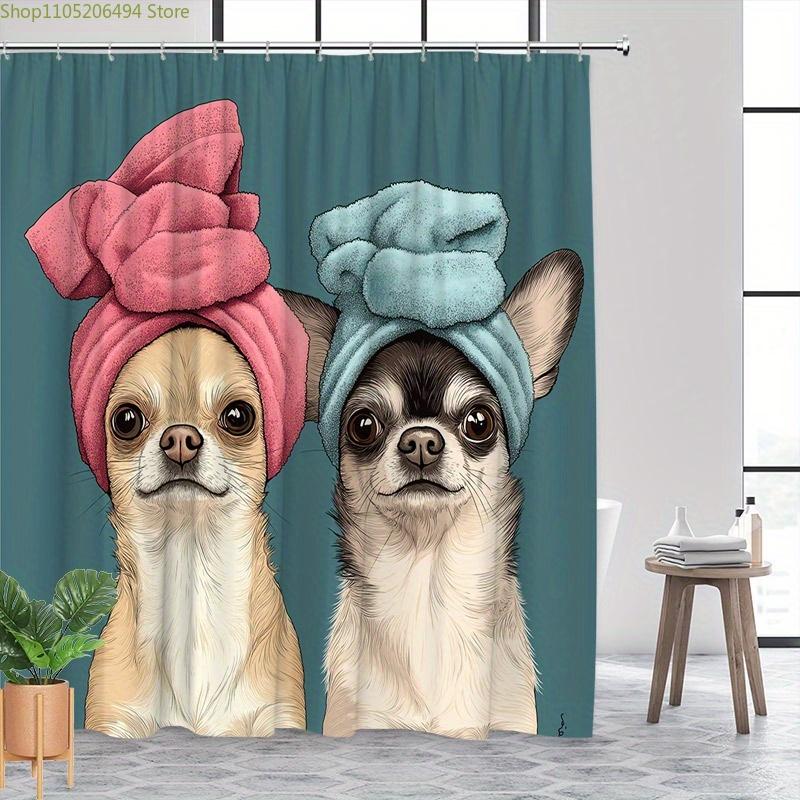 1pc Whimsical Chihuahuas with Towel Heads Digital Art Shower Curtain, Featuring Playful Cartoon Dogs with Large Eyes, Bathroom
