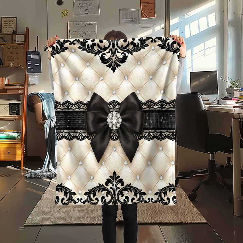 1Pc Gorgeous Bow Print Flannel Blanket, High quality Comfortable for All Seasons, Home Decor, Warmth and Comfort, Perfect for Christmas Gifts W42