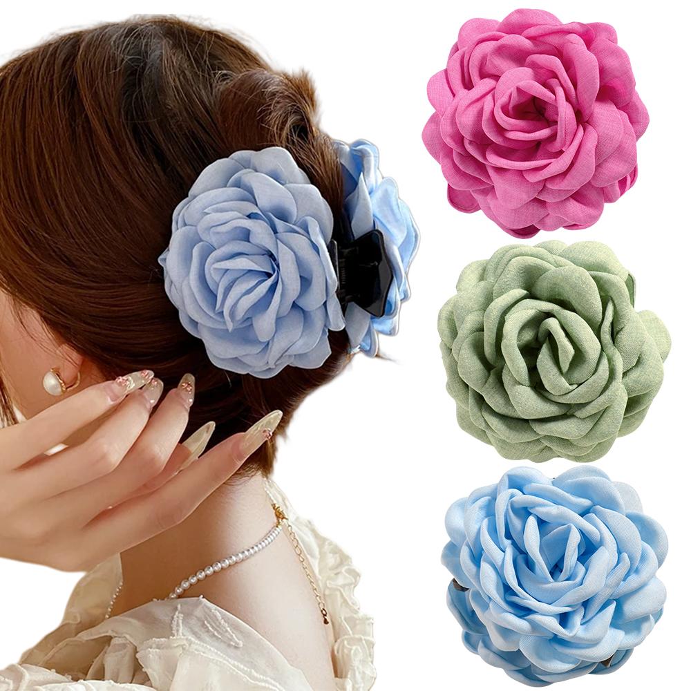 2/3 PCS New Solid Color Fabric Rose Flower Hair Claw for Women Girls Barrette Elegant Shark Clips Set Headwear Accessories Gifts