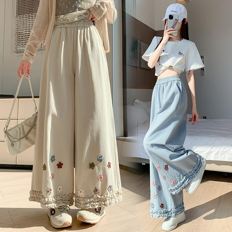 Japanese Mori Girl Spring Summer Women Straight Pants Elastic Waist Apricot Blue Washed Cotton Wide Leg Pants Floral Embroidery Ruffles Trousers