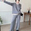 Casual simple fake two-piece knitted suit for women's autumn and winter new thickened crew neck top + wide-leg pants two-piece set