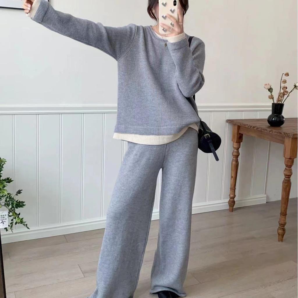 Casual simple fake two-piece knitted suit for women's autumn and winter new thickened crew neck top + wide-leg pants two-piece set