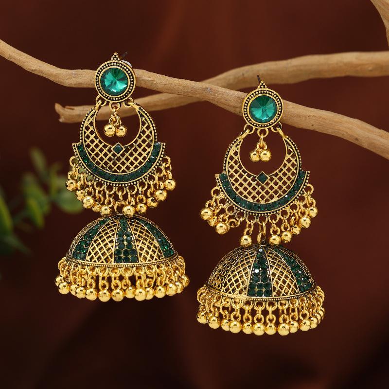 Women Indian Ethnic Earrings Femmes Vintage Hollow Crystal Lantern Tassel Drop Earring