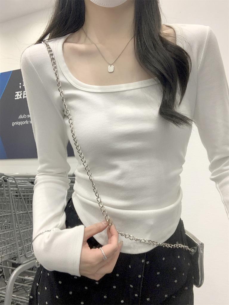 Irregular Curved Hem Long-sleeved Bottoming Shirt Women's Spring Waist Pinch Pleated Shoulder T-shirt Pure Desire Style Top