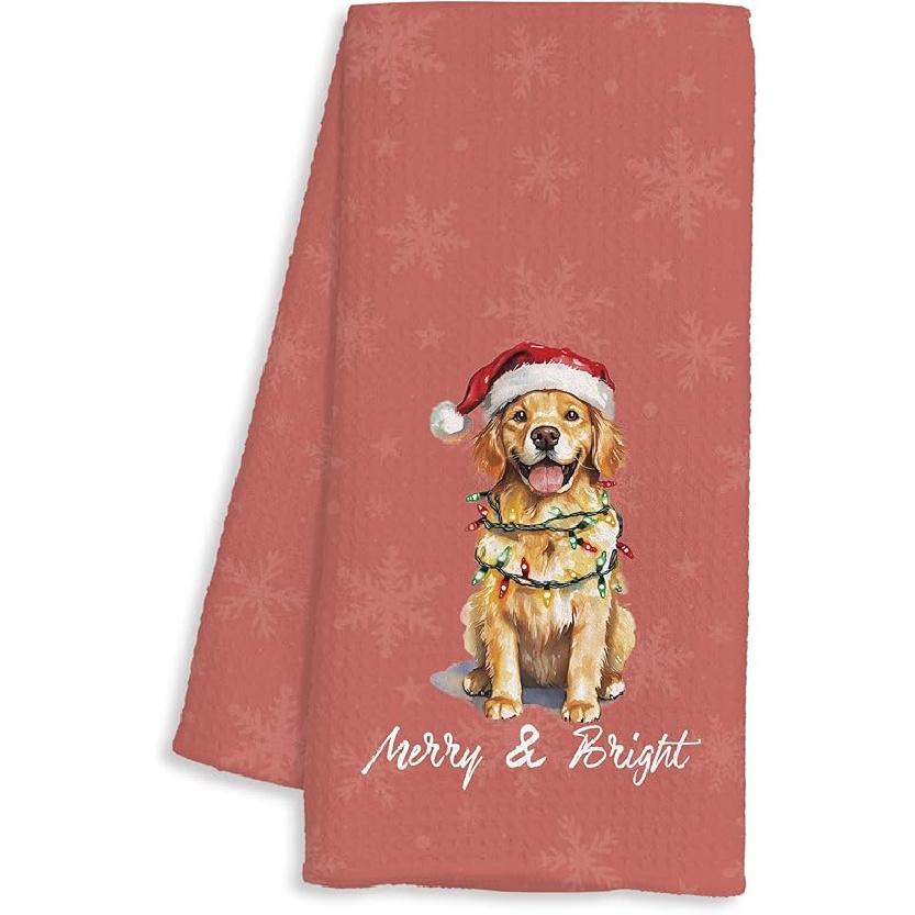 

Christmas Dachshund Kitchen Towels, Dachshund Gifts for Women, Merry and Bright Xmas Lights Wiener Dog Decorative Dish Hand Tea Towels for Bathroom Golden Retriever