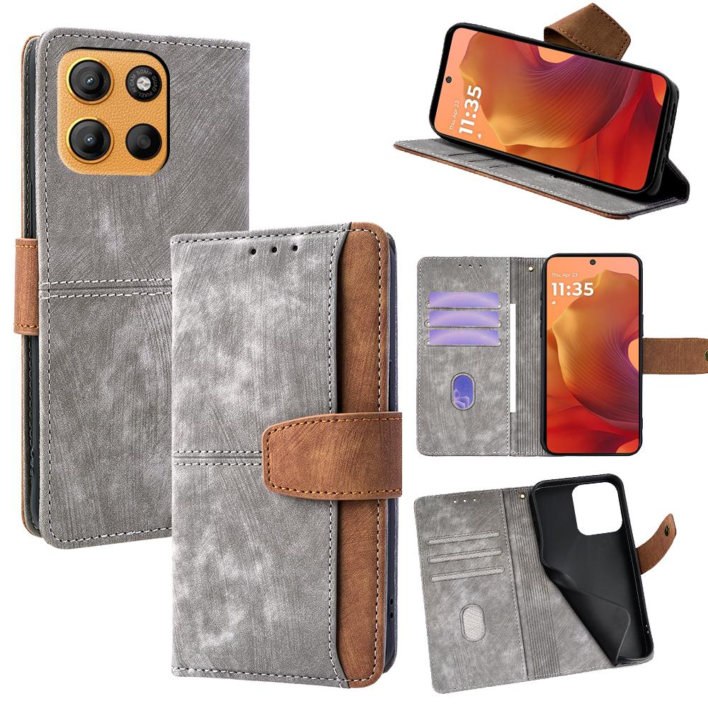 

For Motorola Moto G15 Power 4G/G15 4G Case RFID Blocking Color Splicing PU Leather Wallet Phone Cover Grey