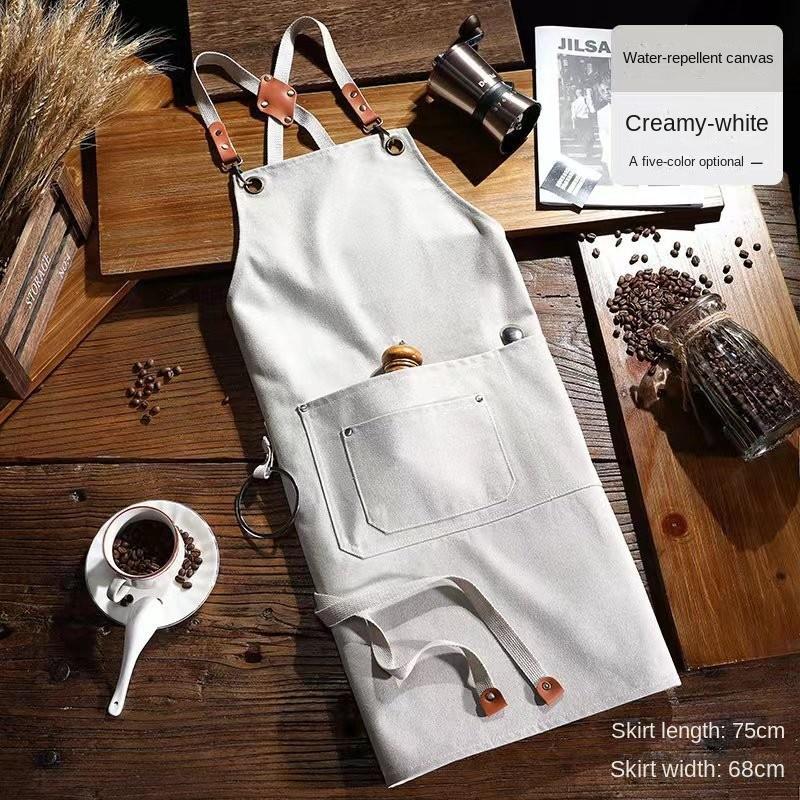 

Waterproof and Oil-proof Cotton Canvas Apron Milk Tea Shop Bartender Kitchen Work Clothes білий