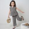 Sweet Little Girls Plaid Lace Vest Long Pants Two Piece Clothing Set