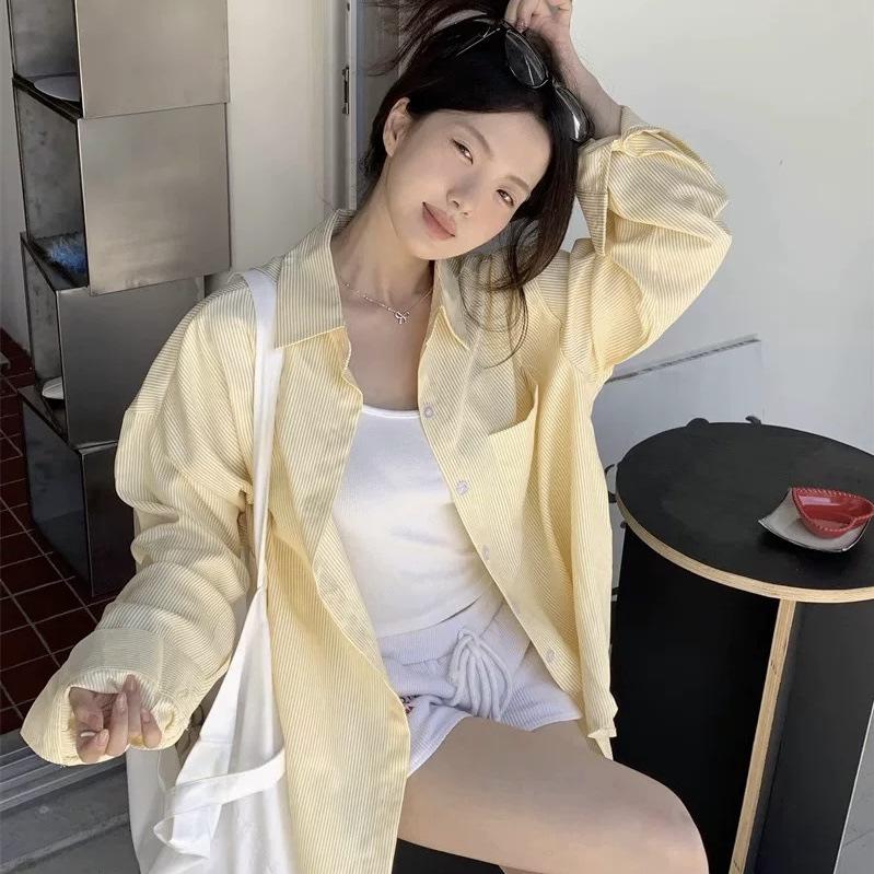 Korean Style Yellow Striped Long Sleeve Mid-Length Shirt Jacket for Women