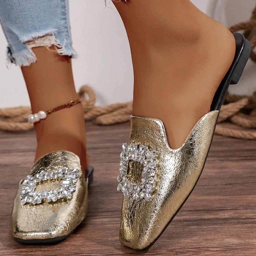 2026 Sommer Neu Damen Eckige Zehenpartie Flache Hausschuhe Strass-Schnalle Mules Damen Outdoor Damen Leichte Freizeit-Slipper