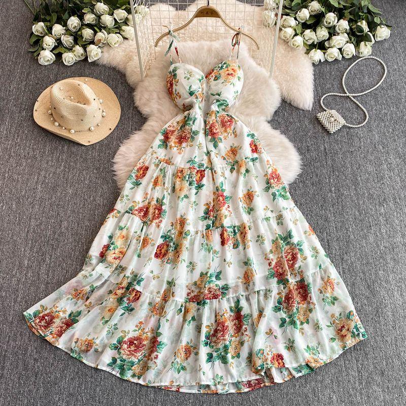 Sexy Cutout V-neck Strap Dress Women's Summer Vacation Wear Tight Waist Slimming Flounce Floral Chiffon Skirt