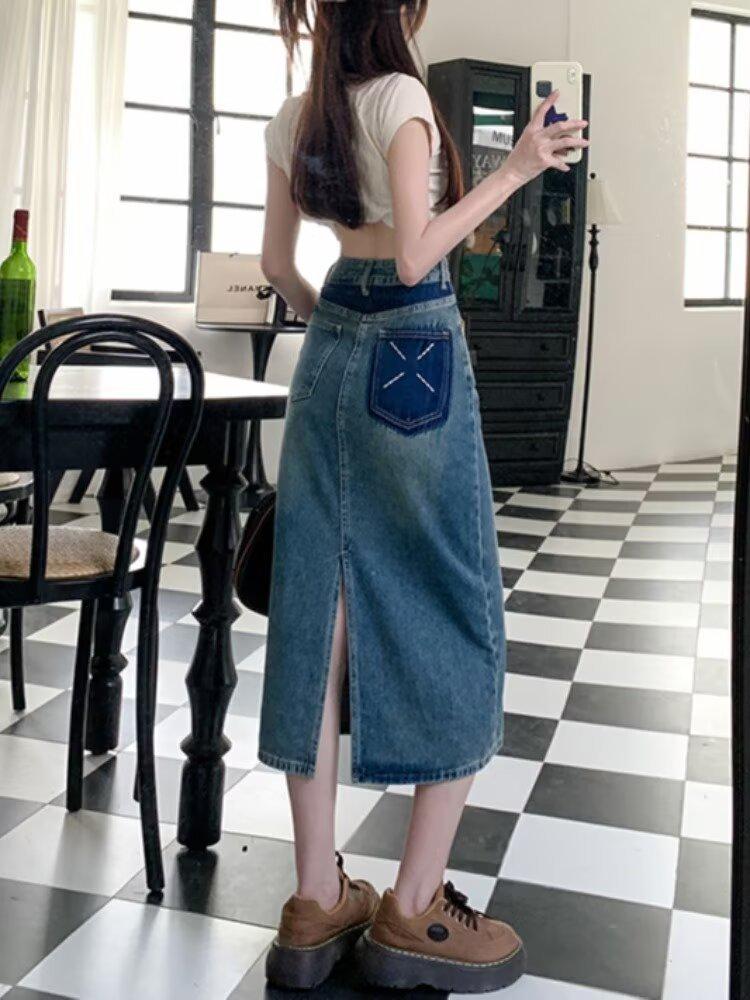 

Women s High Waist A-Line Color Block Denim Midi Skirt, Summer 2024 2XL синий