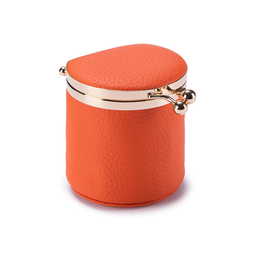 Portable Real Leather Jewelry Travel Wallet Mini Kiss-Lock Cylindrical Storage Box, Compact Organizer for Rings, Earrings, Coins