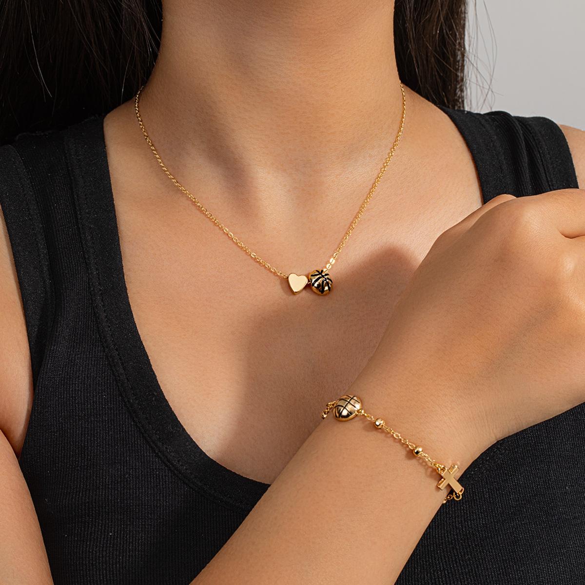 Two-piece set of basketball, heart and cross necklace & bracelet, vintage gold layered necklace