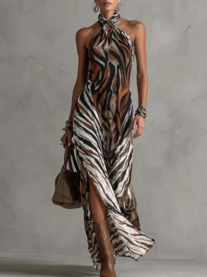 2026 New Printed Fashion Sleeveless Halter Cross-Neck Split Dress S