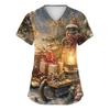 Women's V-Neck Scrub Top with Christmas Print Short Sleeve Pocket Side Slit Caregiver Uniform